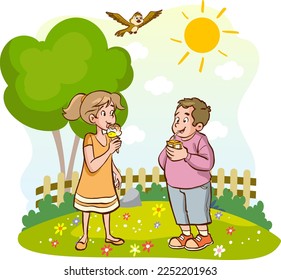 kids eating ice cream and drinking juice on hot summer day cartoon vector