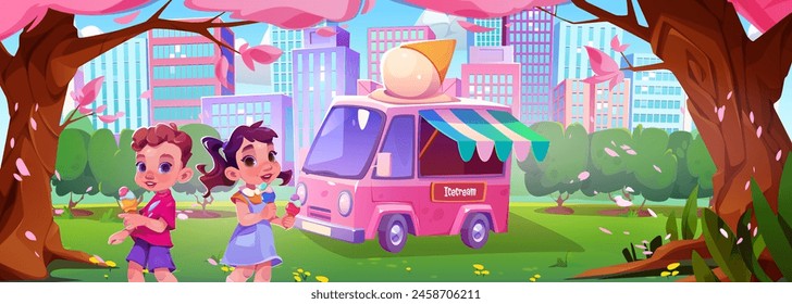 Niños comiendo helado en cono de gofre. Ilustración vectorial de dibujos animados de verano o primavera paisaje de parque de la ciudad con camión de comida y niño feliz y niña con postre frío bajo árboles de flores rosas.