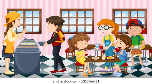 Kids Eating Lunch At The Canteen Illustration