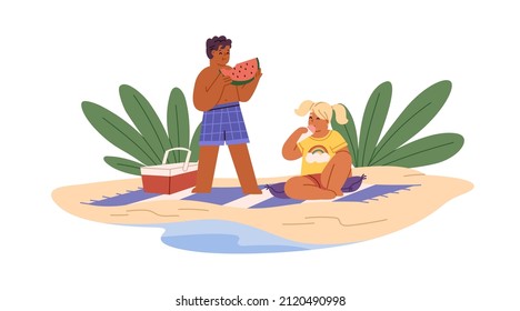 Kids eating on sand beach. Happy children with ice-cream and watermelon on summer holidays. Boy and girl relaxing with sweet food at seaside. Flat vector illustration isolated on white background