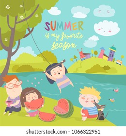 Kids eating watermelon. Summer picnic by the river bank