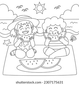 Kids eating watermelons coloring page vector illustration