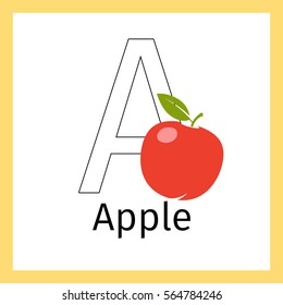 Kids education card with apple fruit and outline letter A for coloring, vector illustration.