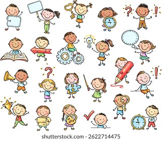 Kids education clipart set. Cute children with school things