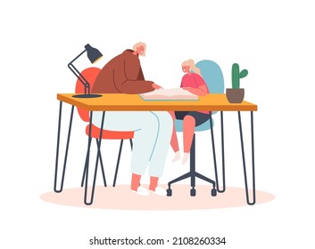 Kindererziehungskonzept. Mutter hilft Tochter mit Hausaufgaben. Charaktere Eltern mit Kind Sitting am Tisch Reading Lehrbuch, Little Girl mit Mama Lernen zu Hause. Vektorgrafik von Cartoon People