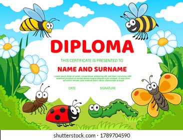 Kids education diploma with cartoon insects cute bees, butterfly and ladybug, caterpillar and ant on green grass, chamomile flowers under cloudy sky. Kids school or kindergarten diploma certificate
