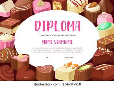 Kids education diploma certificate vector template of school, preschool or kindergarten graduation. Achievement certificate with background frame of chocolate candies, truffle and praline desserts