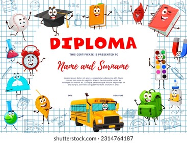 Kids education diploma. School supply characters. Vector award frame template with cartoon mortarboard, baseball ball and books. Autumn leaves, bus, rucksack and alarm clock, paints, glue and magnet