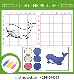 Kids education game. Copy drawing of whale. Activity page and draw worksheet with fun riddle. Children art lesson. 