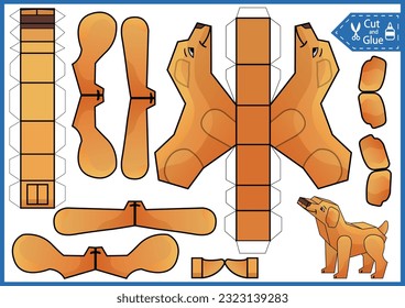 Kids education game craft template. Cut and glue a paper 3d dog. DIY papercraft cutout puzzle toys. Activity worksheet for children. Create to animal birthday decor. 