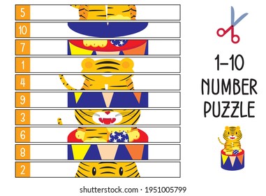 Kids education game. Puzzle game. Number. Circus animal