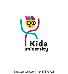 Kids education logo for a learning center. University, school for children. The child in the glasses. Graph of function. Back to school. Science theme. Geek. Logo, sign template. Vector.