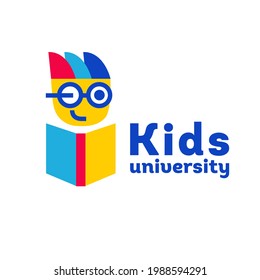 Kids Education Logo For A Learning Center. University, School For Children. Student In The Glasses. Pupil And Open Book. Back To School. Science Theme. Geek. Logo, Sign Template. Vector. Blue, Red.