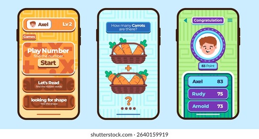 Kids education mobile apps smartphone application user interface for children colorful design UI set collections