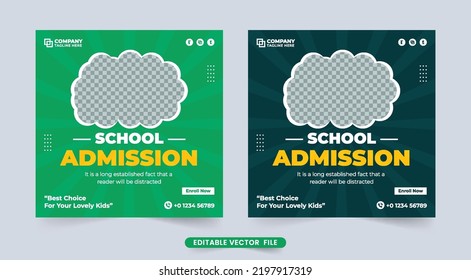 Kid's Education And School Registration Social Media Post Template With Dark And Green Colors. Simple School Admission Template Design For Promotion. Academic Poster And Web Banner Vector.