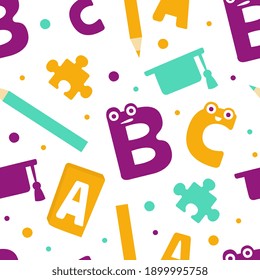 Kids Education Seamless Pattern, Science for Children Educational Club, Back to School Background, Textile, Packaging, Wrapping Paper Vector Illustration