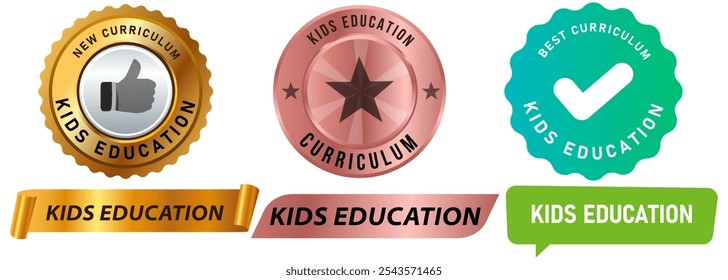 Crianças educação selo crachá colorido adesivo emblema bandeira fita marca d'água sinal crianças estudar elemento jardim de infância academia ícone conjunto design coleção
