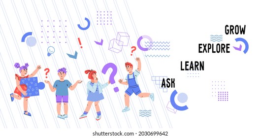 Kids Education Website Banner Concept. Explore And Learn Idea Of Web Page For Children Online Courses, School Education And Extracurricular Activity, Flat Vector.