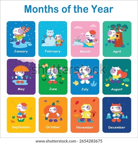 Kids educational book for learning months of the year in English. Months of the Year Poster with Cute Cartoon Elements, Playroom Educational Poster, Rainbow Nursery Print, Homeschool Decor. 141