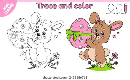 Kids educational Easter game Tracing lines. Cartoon rabbit carries egg decorated with ribbon and bow. Cute hare. Trace and color. Handwriting practice worksheet for children education. Vector design.