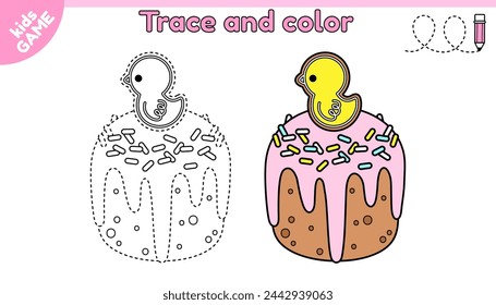 Kids educational Easter game Tracing lines. Cartoon Easter cake with gingerbread chick. Trace and color. Handwriting practice worksheet for children education. Vector design with traditional baking.