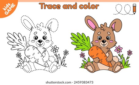 Kids educational Easter game Tracing lines. Cartoon farm rabbit sitting on the grass. Hare holds a carrot in his paws. Trace and color. Handwriting practice page for children. Contour vector design.