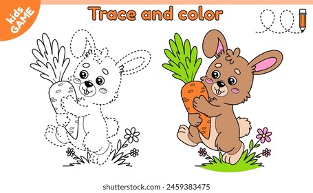 Kids educational Easter game Tracing lines. Cartoon farm rabbit carrying big carrot. Cute hare brings carrot. Trace and color. Handwriting practice worksheet for children. Contour vector illustration.