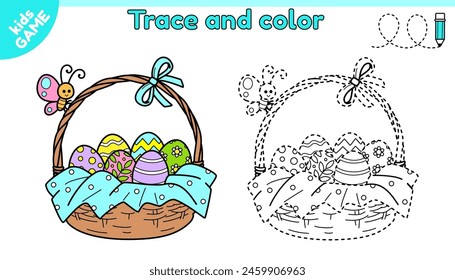 Kids educational Easter game Tracing lines. Cartoon basket with Easter painted eggs decorated bow. Trace and color. Handwriting practice worksheet for children. Contour vector baby illustration.