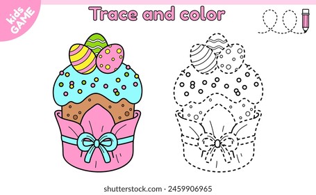 Kids educational Easter game Tracing lines. Cartoon traditional cake with painted eggs. Color the outline picture. Trace and color. Handwriting practice page for children. Contour vector illustration.