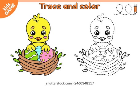 Kids educational Easter game Tracing lines. Cartoon chick in a nest with painted Easter eggs. Trace and color. Handwriting practice worksheet for children education. Contour vector baby illustration.