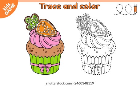Kids educational Easter game Tracing lines. Cartoon festive cupcake with cream decorated with a gingerbread carrot. Trace and color. Handwriting practice worksheet for children. Contour vector design.