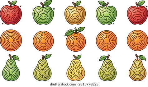 Kids educational fruit maze puzzle game vector set featuring cartoon apples oranges and pears path finders logic activity.
