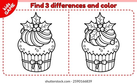 Kids educational game Find the 3 differences. Cartoon Christmas cupcake with cream decorated mistletoe. Spot different details and color it. Holiday baby activities page for children. Vector outline.