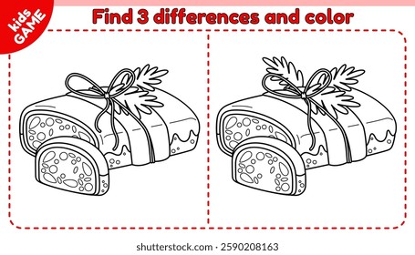 Kids educational game Find the 3 differences. Cartoon German Christmas cake stollen. Traditional Xmas baking. Spot different details and color it. Holiday activities page for children. Vector outline.