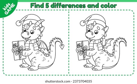 Kids educational game Find 5 differences. Cartoon dragon in Christmas santa claus hat with a gift in paws. Symbol of the Chinese New Year 2024. Coloring page. Black and white outline vector design.