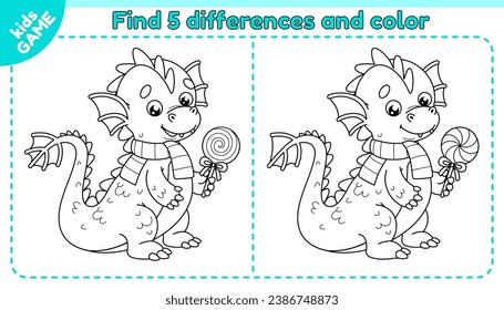 Kids educational game Find 5 differences. Symbol of the Chinese New Year 2024 is dragon. Spot the difference details in cartoon holiday dragons. Coloring page. Black and white outline vector design.