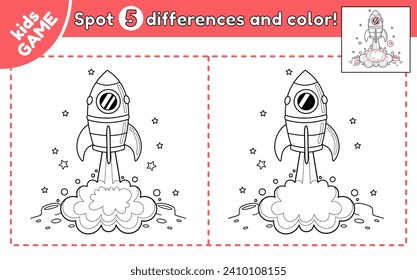 Kids educational game Find 5 differences. Spot differences and color the space rocket launch. Spaceship takes off from the planetary surface. Puzzle and coloring page for children. Vector outline.