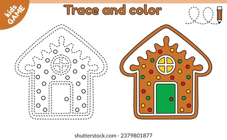 Kids educational game Tracing lines. Cartoon gingerbread house. Trace and color. Handwriting practice worksheet for baby education. Writing and coloring page for children. Vector christmas cookies.