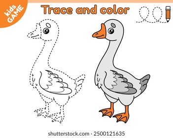 Kinder Lernspiel Tracing Linien mit Cartoon Gans. Landvogel. Spur und Farbe. Arbeitsblatt Handschrift für Kinder im Vorschul- und Kindergarten. Vektorgrafik für Babybildung.