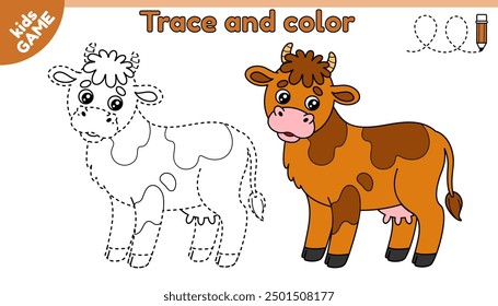Kids educational game Tracing lines with cartoon cow. Farm animal. Trace and color it. Handwriting practice worksheet for preschool and kindergarten children. Vector illustration for baby education.