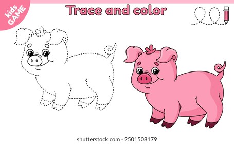 Kids educational game Tracing lines with cartoon big pig. Cute farm hog. Trace and color it. Handwriting practice worksheet for preschool and kindergarten children. Vector illustration of farm animal.