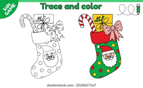 Kids educational game Tracing lines. Cartoon Christmas stocking with gift, lollipop. Trace and color. Handwriting practice worksheet for children. Writing and coloring page. Holiday Xmas sock. Vector.