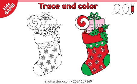 Kids educational game Tracing lines. Cartoon Christmas stocking with gift, candy, mistletoe. Trace and color. Handwriting practice worksheet for children. Writing and coloring page. Xmas sock. Vector.