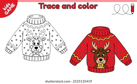 Kids educational game Tracing lines. Cartoon Christmas ugly sweater with deer. Trace and color. Handwriting practice worksheet for children. Writing and coloring page. New Year jumper. Baby vector.