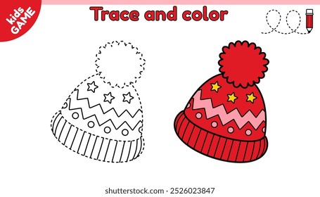 Kids educational game Tracing lines. Cartoon winter hat with pom pom. Trace and color. Handwriting practice worksheet for children education. Writing and coloring page. Baby vector illustration.