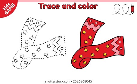 Kids educational game Tracing lines. Cartoon winter scarf. Trace and color. Handwriting practice worksheet for children education. Writing and coloring page. Baby vector illustration of winter clothes