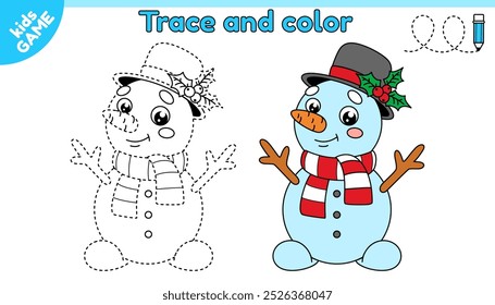 Kids educational game Tracing lines. Christmas snowman in top hat and scarf. Trace and color. Handwriting practice worksheet for children education. Writing and coloring page. Baby vector illustration