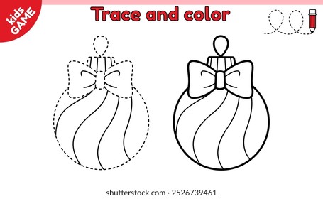 Kids educational game Tracing lines. Christmas tree decoration. Trace and color. Striped Xmas tree ball with bow knot. Handwriting practice worksheet for children. Writing and coloring page. Vector.