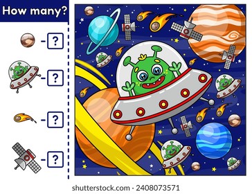 Kids educational math game. Find hidden cartoon aliens, comets, planets Pluto, satellites and count it. Counting puzzle for children. How many. Ufo on space background with stars and planets. Vector.