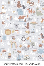 Kids educational theme art with alphabet and animals, seamless pattern with vector hand drawn illustrations